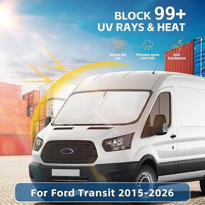 for Ford Transit 2015-2024 2025 2026 Windshield Sun Shade - Custom Fit Front Window Shade Transit Accessories Wagon XL,Wagon XLT Cargo Vehicle,Connect Van XL Foldable Sunshade Blocks UV Rays