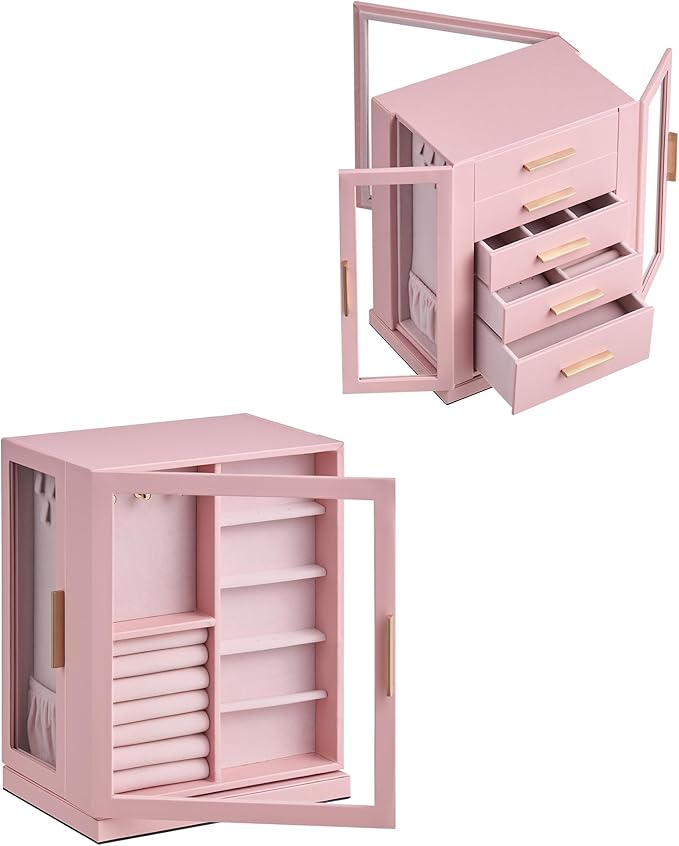 Glimmloop 360° Rotating Jewelry Box with 5 Drawers, Spacious Vertical Jewelry Organizer with Glass Window, Jewelry Storage Ca