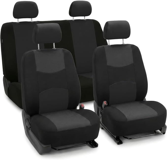 FH Group Bright Flat Cloth Full Set Automotive Seat Covers Front Set and Rear Solid Bench Black Seat Covers w. Gift Universal