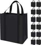 12 Pack Heavy Duty Reusable Grocery Bags - Large Shopping Totes Reinforced Handles, Holds 40 lbs, Foldable and Washable (Black)