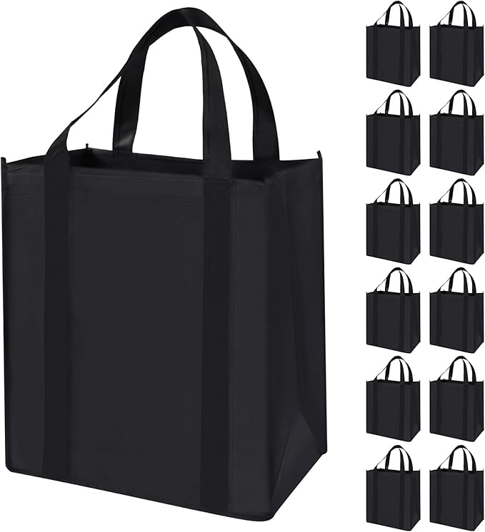 12 Pack Heavy Duty Reusable Grocery Bags - Large Shopping Totes Reinforced Handles, Holds 40 lbs, Foldable and Washable (Black)