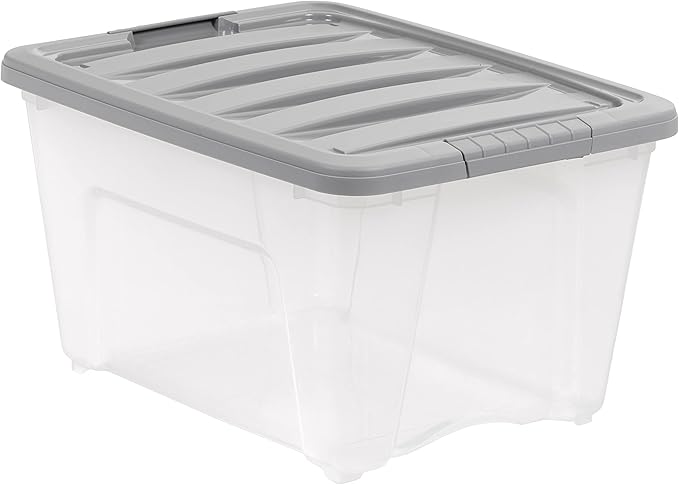 Amazon Basics Plastic Storage Containers with Secure Latching Lids, Stackable Organization Bins, Clear/Grey, 32 Quart, Set of