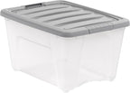 Amazon Basics Plastic Storage Containers with Secure Latching Lids, Stackable Organization Bins, Clear/Grey, 32 Quart, Set of