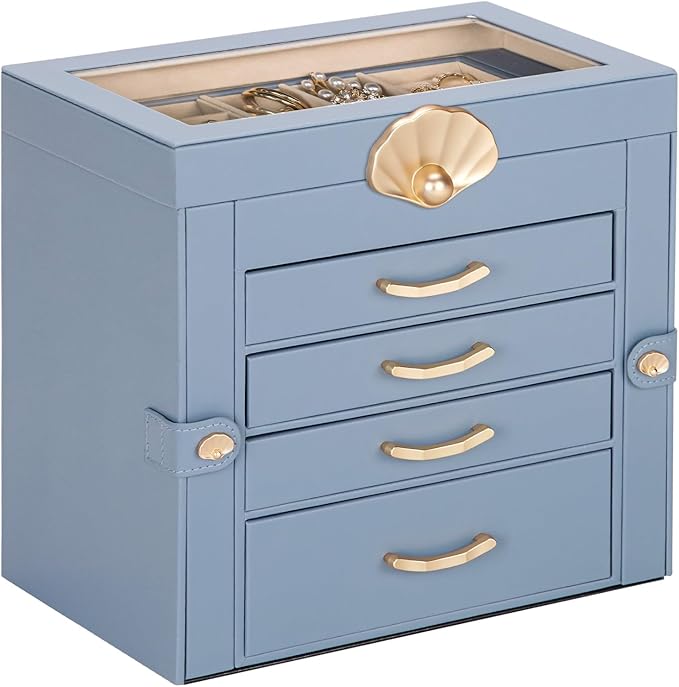 Enthralite Jewelry Box with 4 Drawers: Display Organizer for Earrings Necklaces - Gifts for Girls Women (Grey Blue)