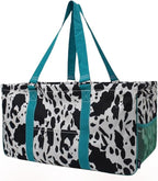 NGIL Extra Large Utility Tote Reusable Grocery Bag Oversized Collapsible for Groceries, Storage, Picnic, Beach (Cow Splatter-Turquoise Blue)