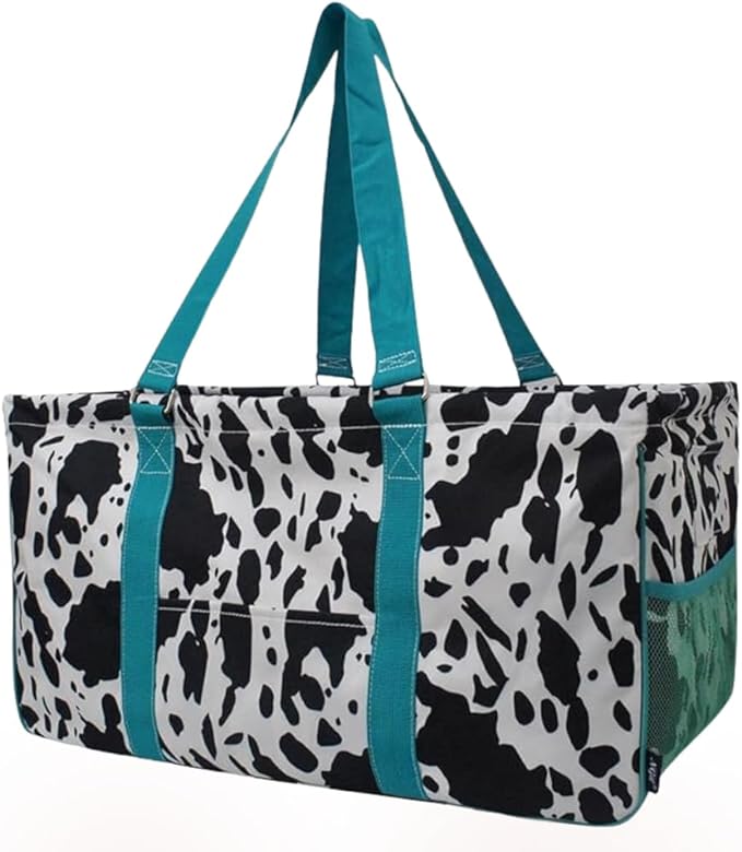 NGIL Extra Large Utility Tote Reusable Grocery Bag Oversized Collapsible for Groceries, Storage, Picnic, Beach (Cow Splatter-Turquoise Blue)