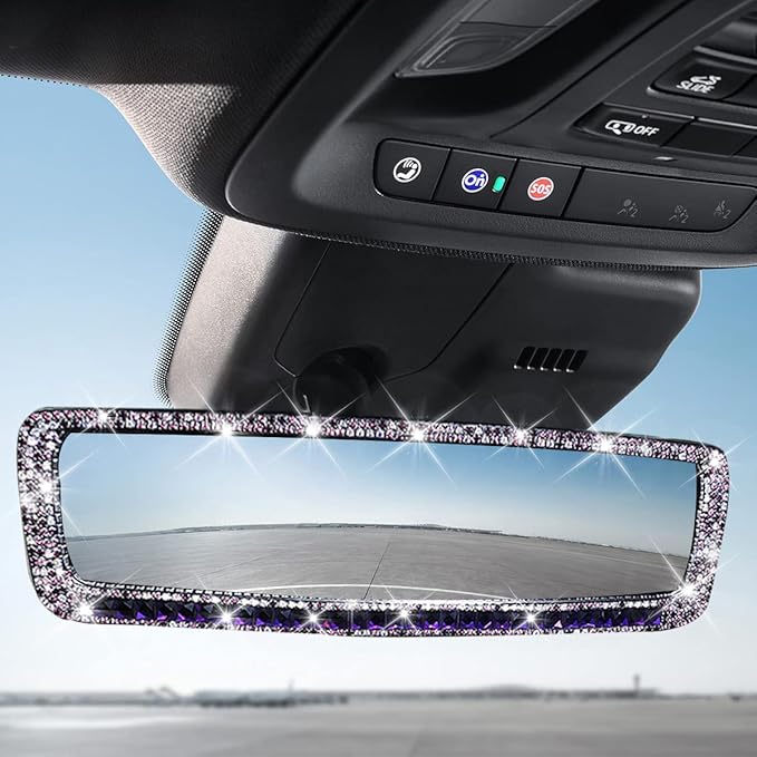 AUCELI Car Rear View Mirror, Bling Rhinestone Interior Rear View Mirror with HD Glass, Wide Angle Clip-On Rearview Mirror with Glitter Crystal Diamond, Car Decoration Accessories for Women (Purple)