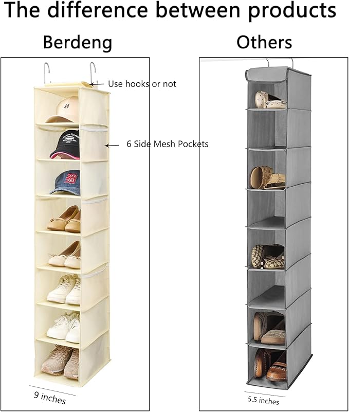 Berdeng Hanging Shoe Organizer for Closet with Side Mesh Pockets，Hat Racks for Baseball Caps，Shoe and Hat Holder & Storage，8-