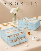 AKOZLIN Jewelry Box with Clear Lid Functional Leather Jewelry Storage Organizer Case 2 Drawers for Women Girls Necklace Ring 