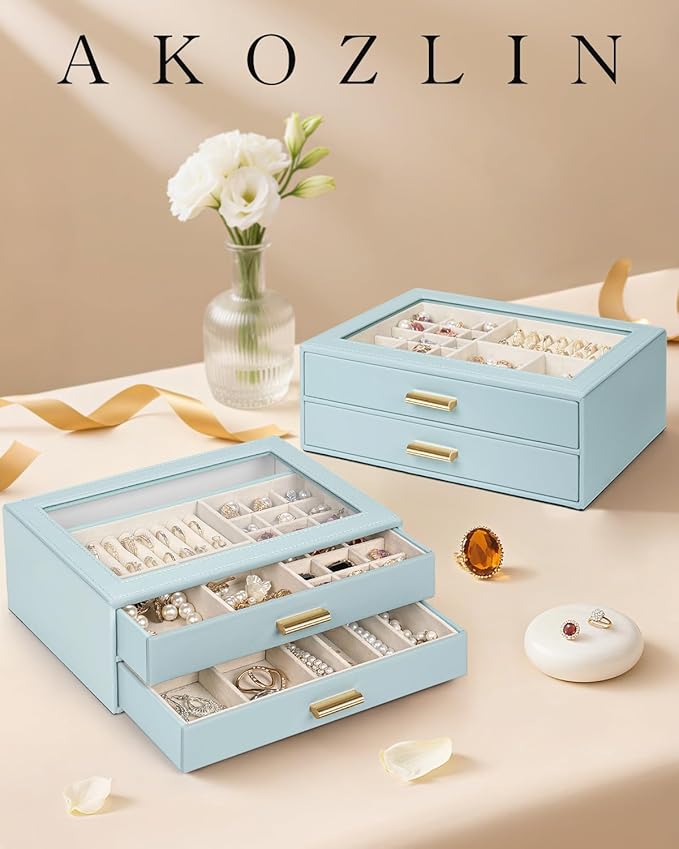 AKOZLIN Jewelry Box with Clear Lid Functional Leather Jewelry Storage Organizer Case 2 Drawers for Women Girls Necklace Ring 