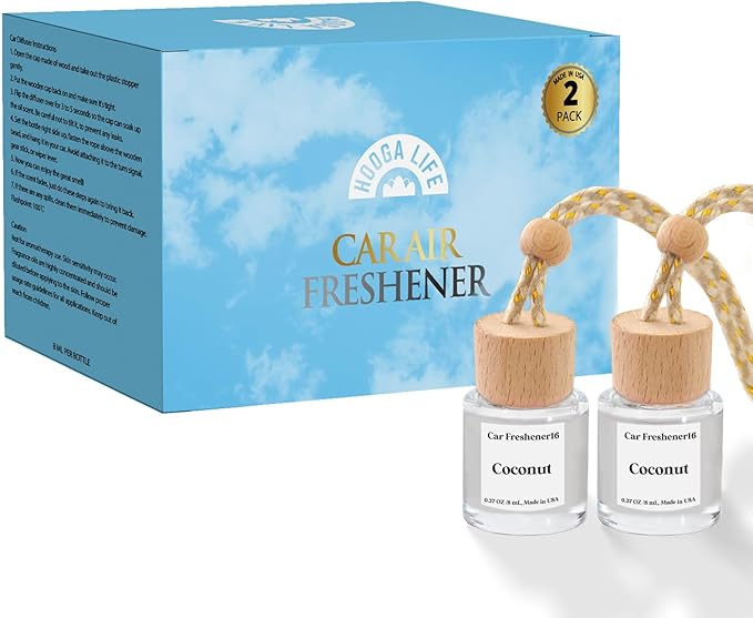 HoogaLife Car Air Freshener Diffuser 2 Pack Hanging Air Freshener Diffuser - Coconut Fragrance Oil Air D iffuser for Car, 45+