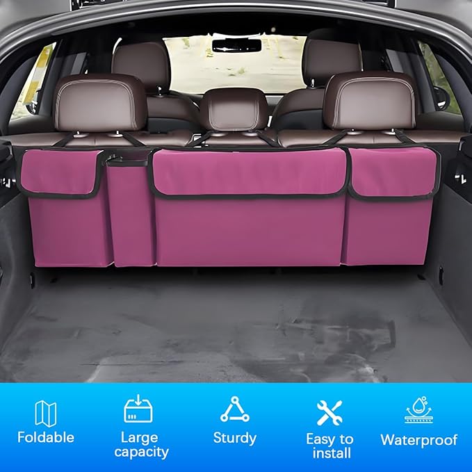Car Trunk Organizer with Lid, Large Waterproof Vehicle Backseat Hanging Storage Bag with 4 Pockets & Adjustable Straps, Colla