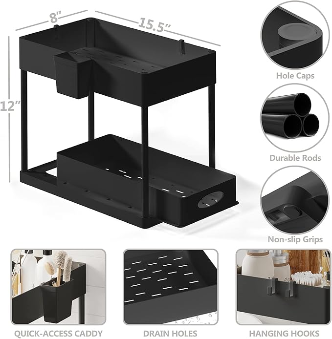 Under Sink Organizers and Storage, Bathroom Cabinet Organizer, Sink Shelf with Utility Hooks and Side Caddy for Under Cabinet