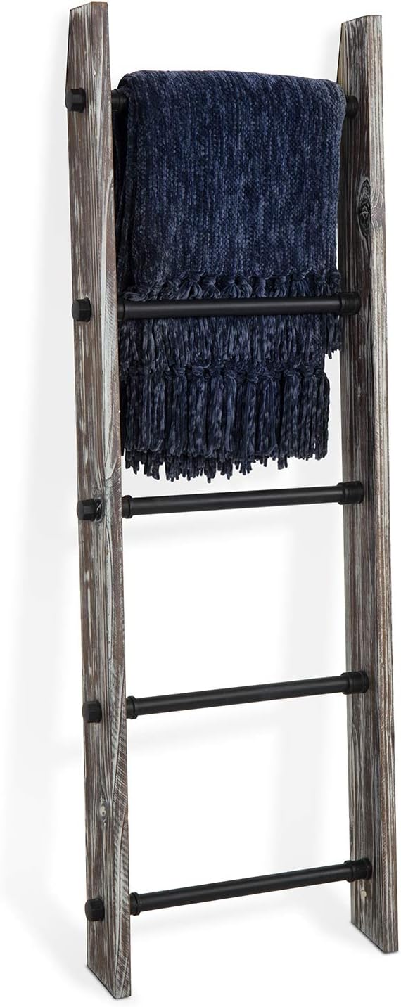 MyGift 4 Ft Torched Wood Farmhouse Blanket Ladder with 5 Matte Black Industrial Pipe Rungs, Wall Leaning Bathroom Towel Ladde