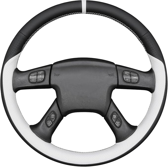 MEWANT Hand Stitch Steering Wheel Cover for Chevy Silverado 1500 2003-2006 Black White Faux Leather Steering Wheel Wrap