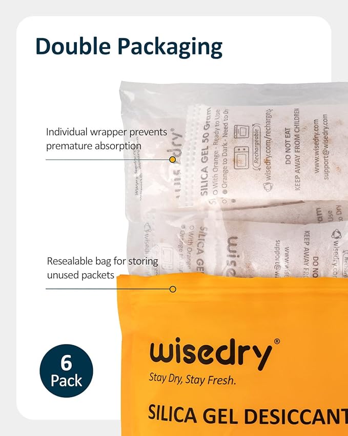 wisedry 50 Gram [6PACKS] Rechargeable Silica Gel Desiccant Packets Fast Reactivate Desiccant Bags Orange to Green indicating