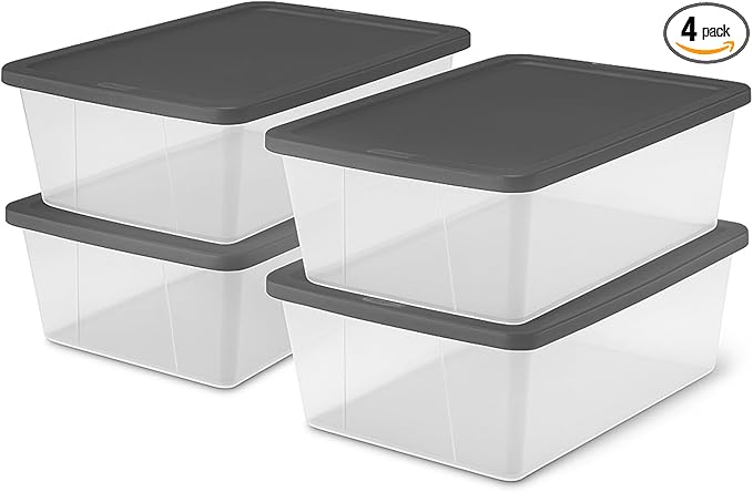 HOMZ 4-Pack Snaplock, Small Clear Plastic Storage Organizer Bins w/Lids, 12 Quart, Gray - Stackable Container Boxes for Bedro