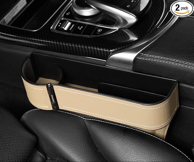 Car Seat Gap Filler Organizer,2 Pack Car Leather Cup Holder Gap Bag,Car Seat Storage Box with Adjustable Cup Holders,Car Organizer Front Seat for Holding Phone, Glasses, Keys, Cards(Black) (Beige)
