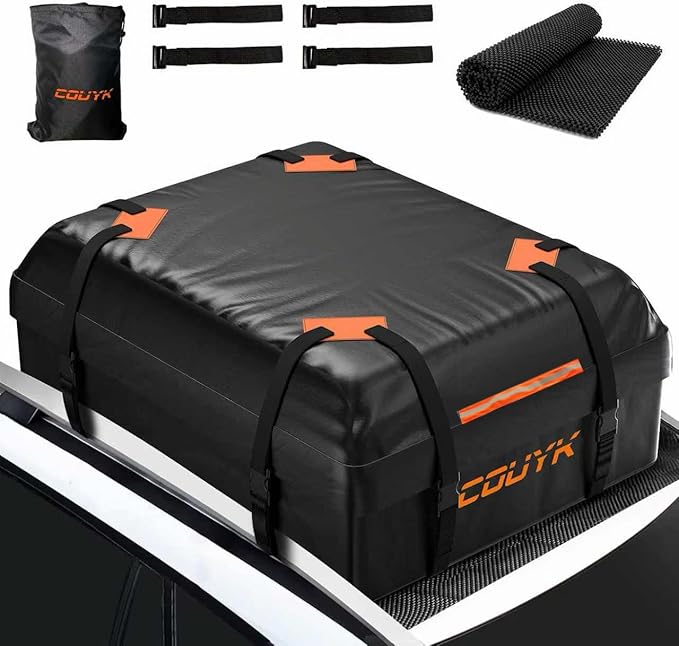 Car Roof Bag Rooftop Cargo Carrier Bag Waterproof 15 Cubic feet,Roof Rack for car Includes Anti-Slip Mat, 4 Door Hooks, Waterproof Zipper Buckle for All Cars with/Without Rack