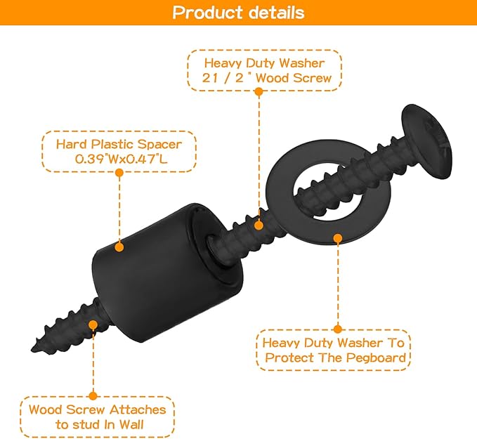Eagles Pegboard Mounting Kit, (16 Spacers, 16 Screws and 16 Steels Washers,Black) Board Nail Installation Kit Pegboard Spacer