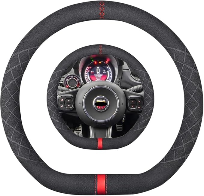 Suede D Shape Steering Wheel Cover,Compatible with Abarth 595 595C 695 695C Fiat 500 500C Suede Leather Sport Non-Slip Wheel Cover Car Interior Accessories 15 inch for Man and Women