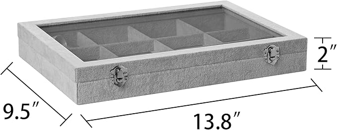 Frebeauty Velvet Jewelry Tray,12 Grid Jewelry Organizer with Clear Lid,Bracelets Holder,Jewelry Display Case with Clasp,Drawe