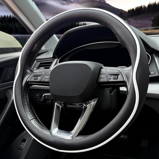 HAOTULE Leather Steering Wheel Cover， with Anti-Slip Stripe Design - Enhanced Grip, Fashion Style, Safe, Non-Slip, Breathable