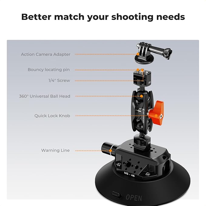 K&F CONCEPT 6" Suction Cup Camera Mount with Magic Arm, ARRI Style 1/4" 3/8" Threads, Quick Release Car Mount for DSLRs Action Camera Phone Video Shooting Compatible with Hero 13 12 DJI Insta360