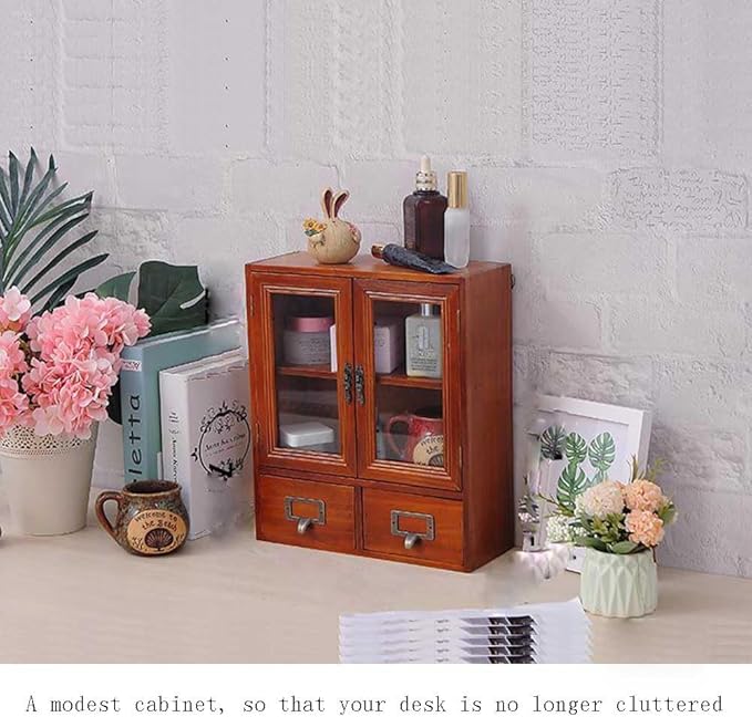 Rustic Vintage Mini Pine Counter Top Cabinet - 12" L x 4.7" W x 14" H with 2 Doors & 2 Drawers, Antique Apothecary Spice Cabi