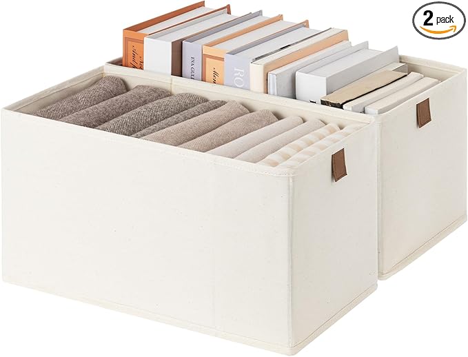StorageWorks Narrow Storage Baskets for Shelves, Small Storage Bins, Fabric Storage Bins with PU Handle, Ideal for Clothes, U