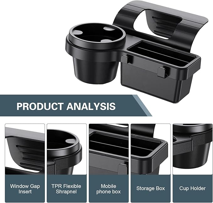 Car Window Storage Organizer, 4-in-1 Car Window Water Cup Holder/Phone Mount, Clip-on Car Door Hanging Box with Hooks, Universal for Most Cars (Black #B)