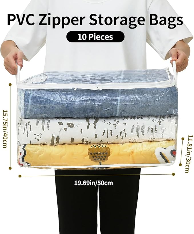 10 PCS Clear Zippered Storage Bags with Handle, Sweater Storage with Zipper, Foldable Closet Organizer Bed Sheet Organizer, C