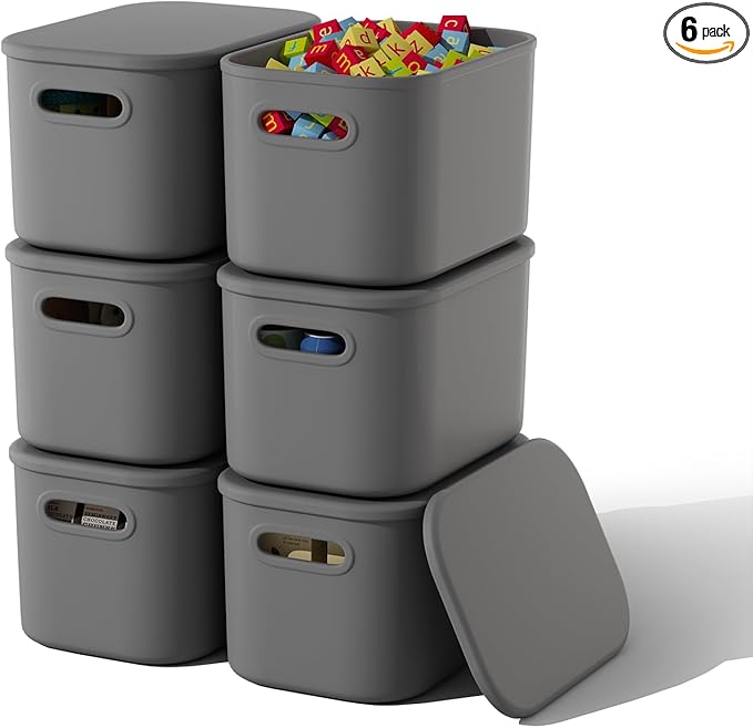 ORGIDOL 6 Pack Grey Storage Bins with Lids Stackable Storage Container for Organizing, Storage Boxes with Handle for Shelves,