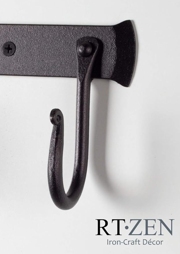 RTZEN Wall Mount Hook Set - Wrought Iron Decorative Rustic Metal Coat Hooks for Hanging - Handcrafted Classic Farmhouse Wall 