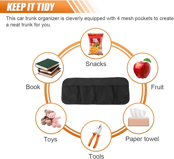 Car Trunk Organizer, Large Capacity Backseat Hanging Storage Bag with 4 Pockets, Waterproof Foldable Car Interior