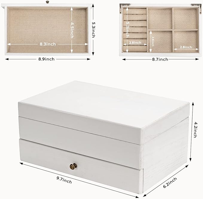 Meangood Jewelry Box Organizer for Women, 2 Layer Large Jewelry Storage Case, Rustic Wooden Jewelry Box with Mirror & Ring Tr