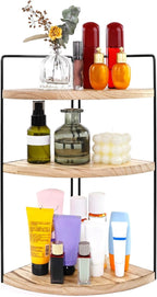 Corner Bathroom Counter Organizer Countertop Brown, 3-Tier Corner Shelf Wood Vanity Tray Easy Assembly Space Saving Shelf for