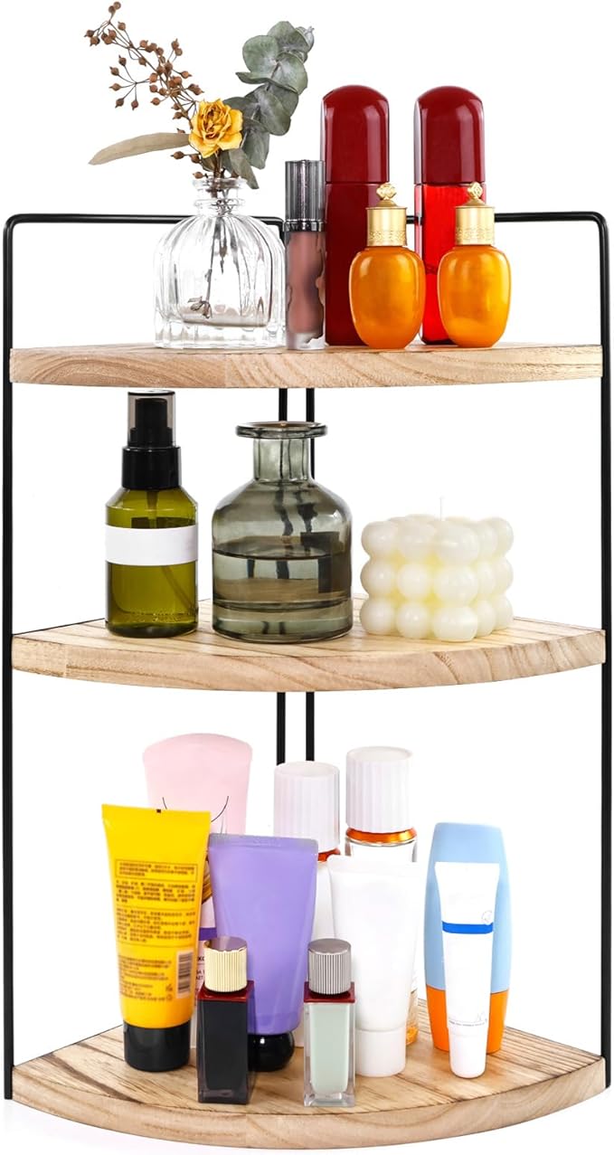 Corner Bathroom Counter Organizer Countertop Brown, 3-Tier Corner Shelf Wood Vanity Tray Easy Assembly Space Saving Shelf for