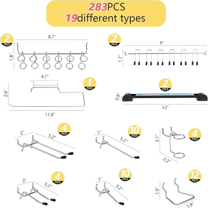 283PCS Metal Pegboard Hooks Organizer Kit for Organizing Various Tools - Heavy Duty 1/4" & 1/8" Pegboard Accessories with Peg