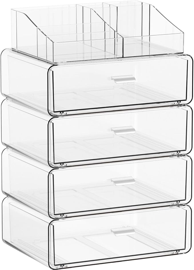 Yieach 5 Tier Clear Acrylic Makeup Organizers with Drawers,Tiered Countertop Make up Storage Organizer for Dresser Top and Ba