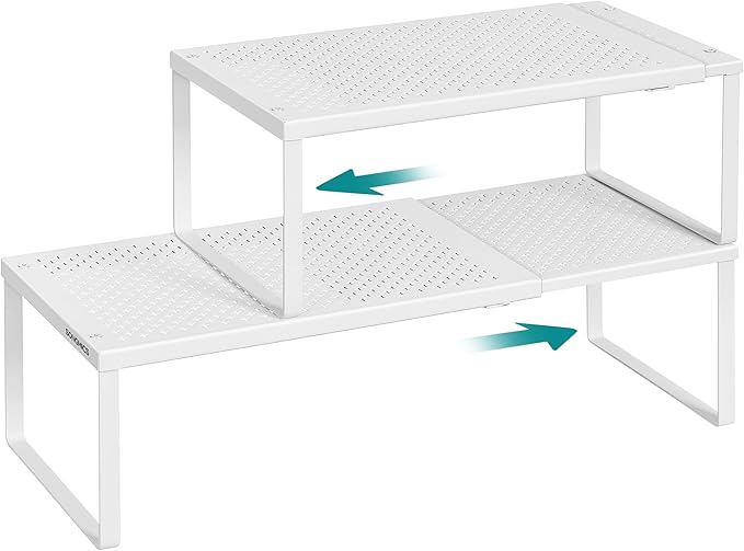 SONGMICS Spice Racks, Set of 2 Expandable Kitchen Countertop Shelves, Small Cupboard Organizers, Metal, Space-Saving Tabletop