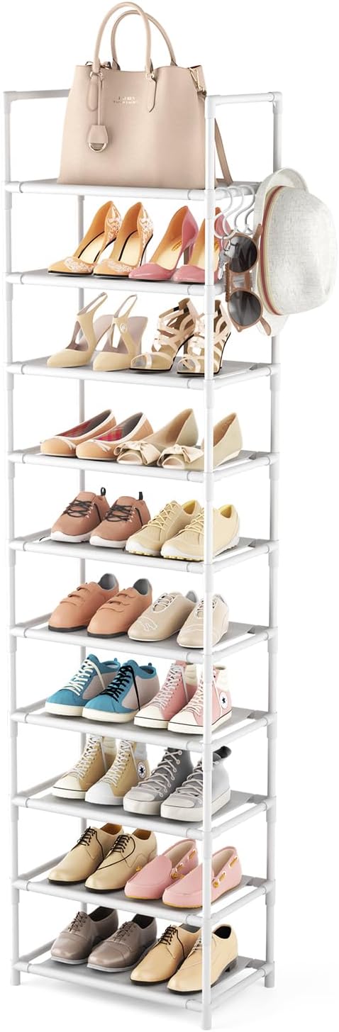 LANTEFUL 10 Tiers Tall Shoe Rack 20-25 Pairs Boots Organizer Storage Sturdy Narrow Shoe Shelf for Entryway, Closets with Hook
