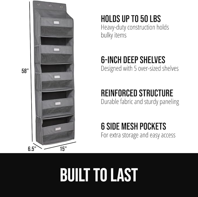 GORILLA GRIP Over The Door Organizer Storage, 5 Deep Hanging Shelves, Holds 50lbs, Closet Organizers Shelf for Bedroom, Shoes