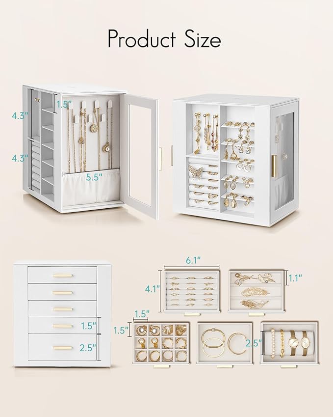 Vlando 360° Rotating Jewelry Box with 5 Drawers, Large Jewelry Storage with 2 Glass Window, PU Leather Jewelry Organizer for 