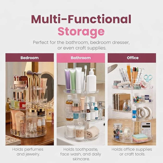 Masirs 360 Rotating Makeup Organizer Countertop - Adjustable Shelf Height - The Perfect Round Spinning Cosmetic Organizer for