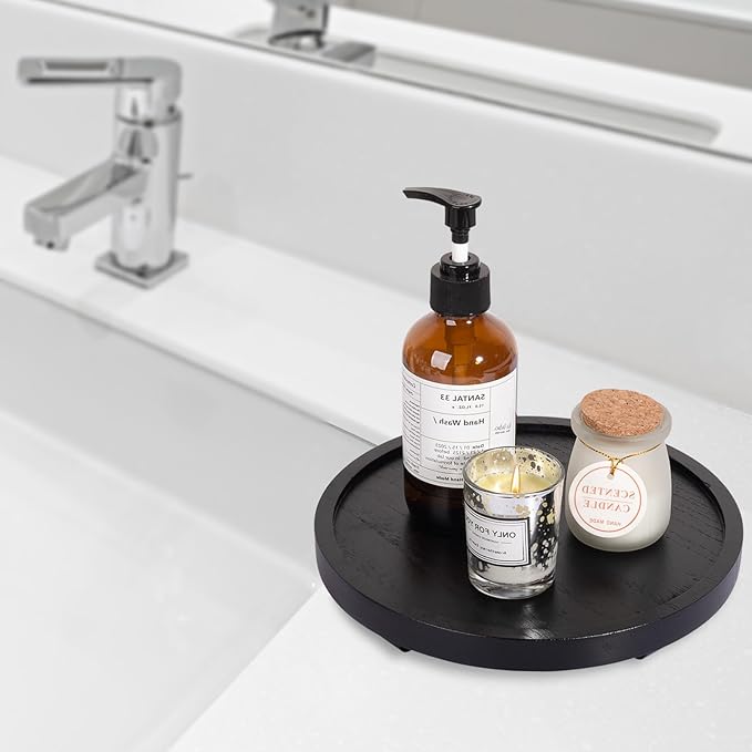 Round Decorative Tray Wood Bathroom Counter Organizer Farmhouse Kitchen Decor Wooden Riser for Soap Dish, Perfume, Candle, Sp