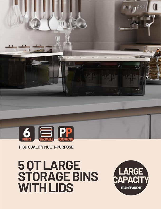 WYT Small Clear 5-Quart Plastic Storage Container Bin with Khaki Secure Lid and Black Latch Buckles, Durable Stackable Nestab