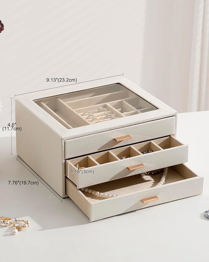 Jewelry Box with Glass Lid,3-Layer Jewelry Boxes for Women,PU Leather Jewelry Organizer with 20-Grid Earring Drawer & Movable