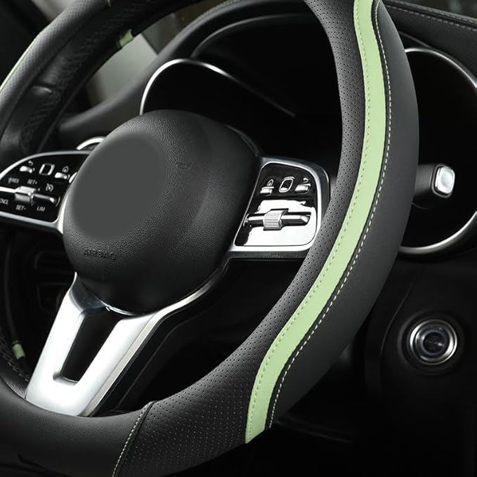 Car Steering Wheel Cover, Leather Steering Wheel Cover Green Universal 14.5-15 Inch Microfiber Leather Anti-Slip Breathable A