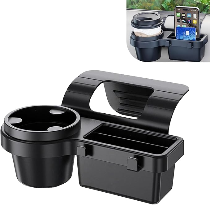 Car Window Storage Organizer, 4-in-1 Car Window Water Cup Holder/Phone Mount, Clip-on Car Door Hanging Box with Hooks, Universal for Most Cars (Black #B)